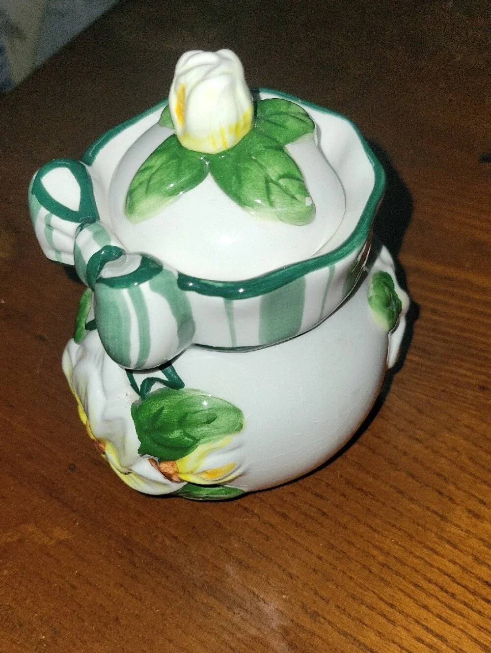 Young's Exclusive Sugar Or Jam Jar White Ceramic Floral  with Green Bow